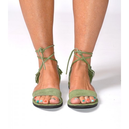 SUEDE LEATHER FRINGES SANDALS GREEN