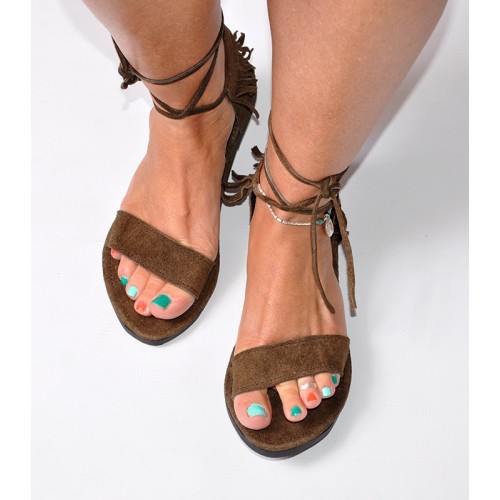 SUEDE LEATHER FRINGES SANDALS BROWN